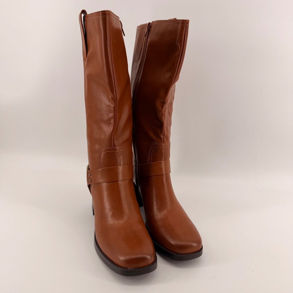 Frye and Co Boots Womens 10 Brown Nica Tall Harness Square Toe Block Heel Zip